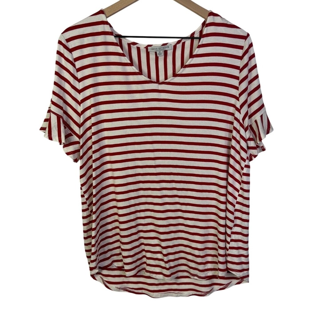 Green Envelope‎ Womens Top 1X Red Stripe Ruffle Sleeve Striped V-Neck Shirt